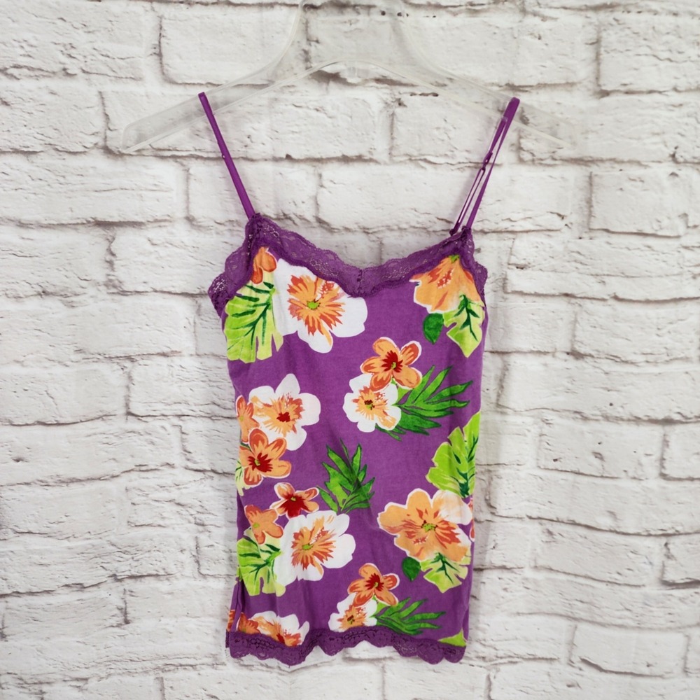 Y2K Aeropostale Lace Trim Cami Top Small Fairy Coquette Floral Hawaiian Colorful